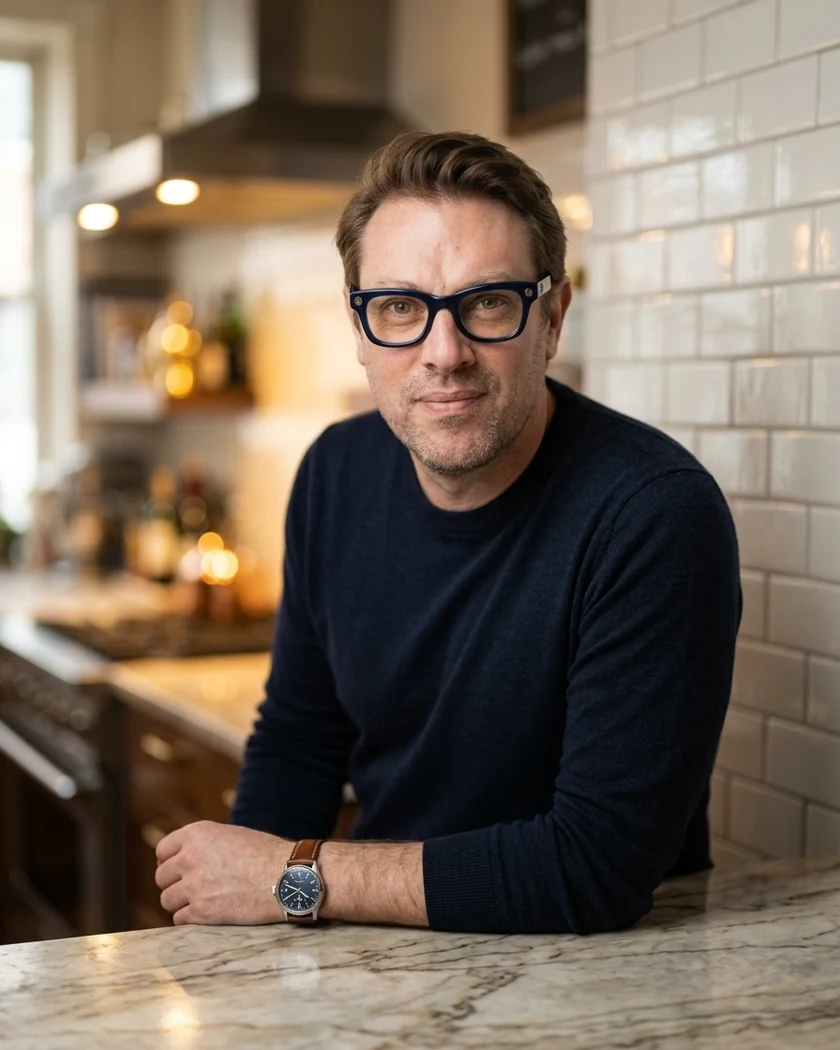 David Baulande au comptoir d’un café, regardant l’objectif