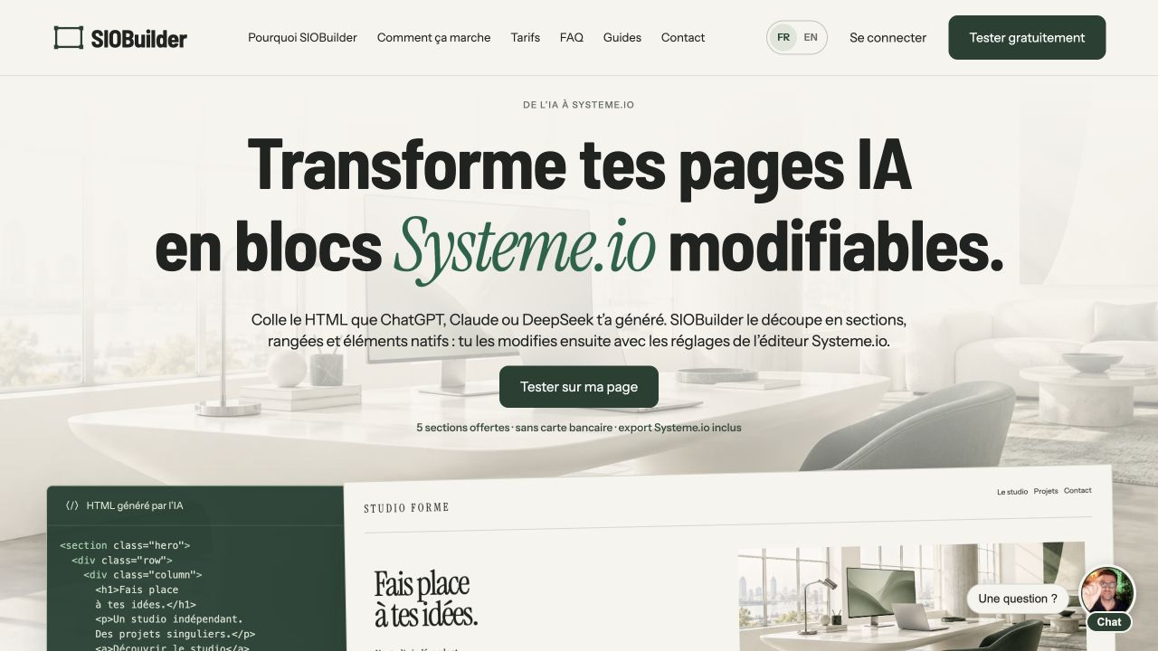 Aperçu réel du site de SIOBuilder